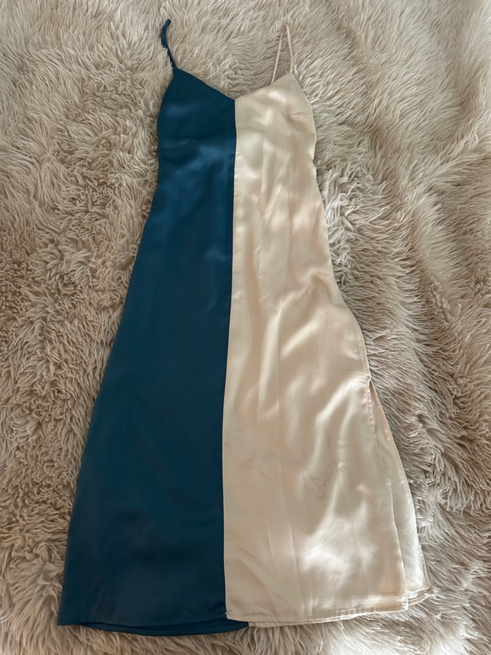 Two-Tone Satin Slip Dress in Teal and Cream